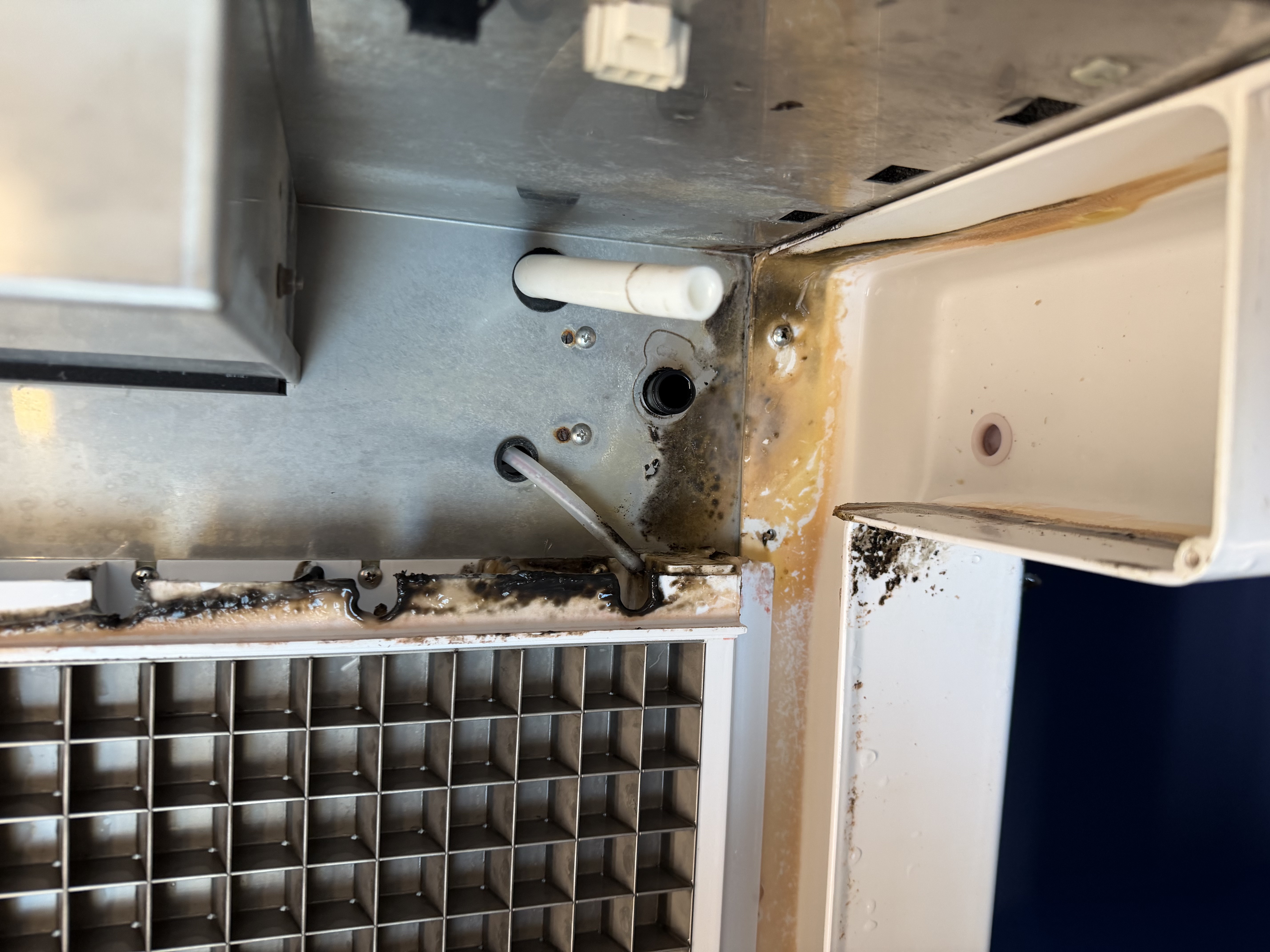 Dirty water reservoir tank inside a commercial ice machine before cleaning